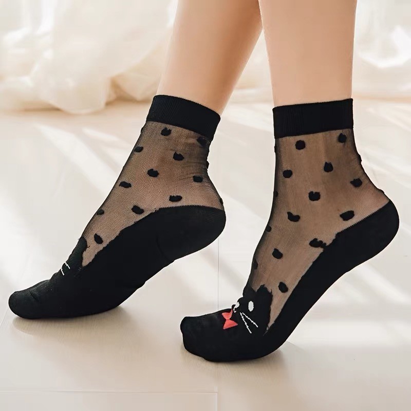 中筒袜黑丝小猫袜子新款时尚薄款纯棉底水晶丝女袜吸汗透气袜子女