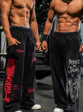潮牌长裤男美式运动健身宽松嘻哈风阔腿肌肉撸铁狗youngla直筒棉