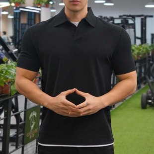 潮牌健身肌肉收袖 假两件polo美式 口宽松透气 男T恤翻领衫 运动短袖