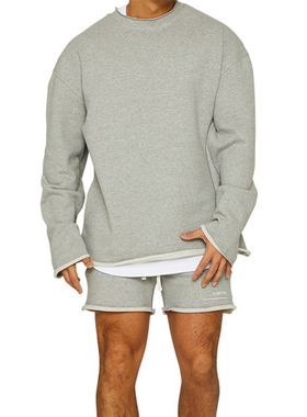 运动健身男长袖短裤套装纯棉欧美式潮牌训练卫衣套头跑步上衣毛边