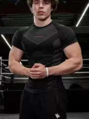 Men's Sports Fitness Short-Sleeve T-Shirt, Quick-Drying, Stretchy, Tight-Fitting, for Basketball, Running, Bodybuilding, Gym, American Style