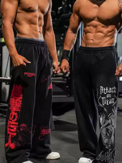 Trendy Men's Long Pants, American Style, Sports Fitness, Loose Hip-Hop Style, Wide-Leg, Muscle Gym, Youngla Straight-Leg Cotton