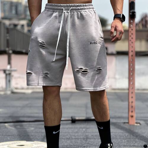 运动短裤男五分裤中裤破洞裤纯棉美式嘻哈潮牌健身肌肉撸铁狗训练