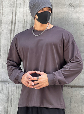 运动长袖男T恤健身衣宽松纯棉薄款美式健身肌肉撸铁狗圆领打底潮