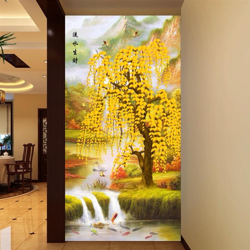 金色发财树流水生财九鱼图玄关装饰画招财山水画酒店宾馆墙贴画图片