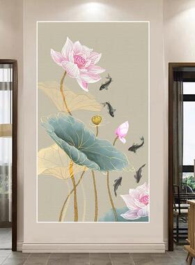 中式荷花鲤鱼唯美静谧玄关贴画客厅卧室壁画背景墙办公室自粘画