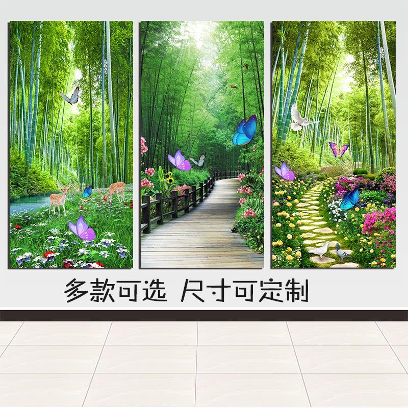 玄关竹林麋鹿飞鸟装饰画简约绿色护眼卧室玻璃门贴画单幅有框挂画图片