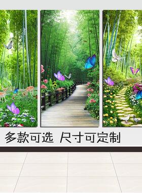 玄关竹林麋鹿飞鸟装饰画简约绿色护眼卧室玻璃门贴画单幅有框挂画