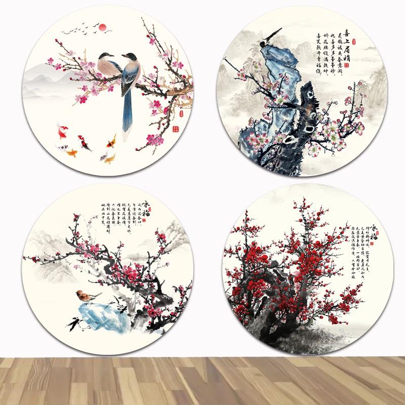 花卉国画梅花圆形贴画喜上眉梢客厅玄关挂画定做红梅报春海报无框图片