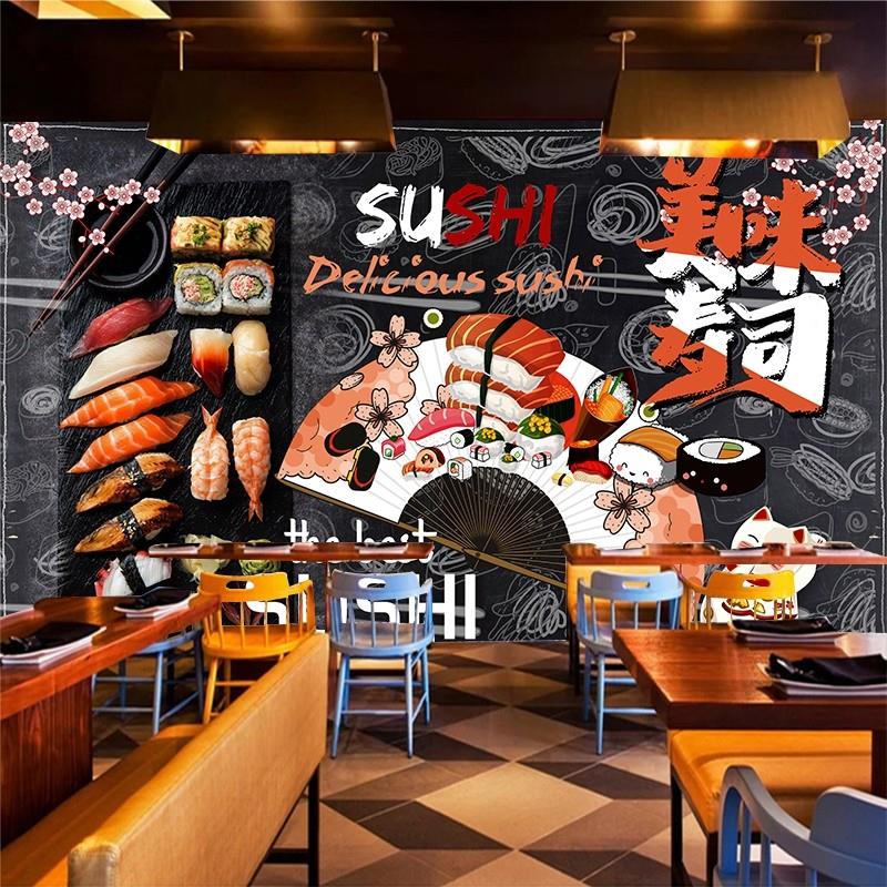日式墙面装饰贴纸寿司料理店壁纸招财猫墙纸自粘居酒屋背景墙贴画图片