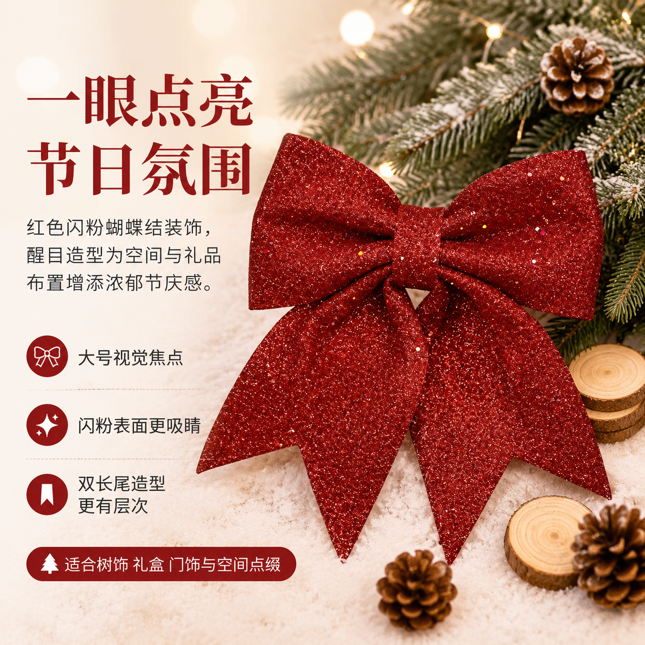 金色大蝴蝶结亮片红色小蝴蝶结装饰立体圣诞节墙壁挂件圣诞树配件 - 实物图