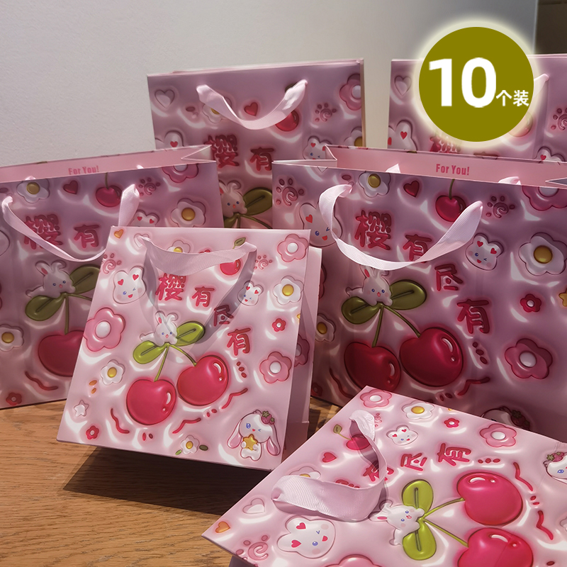 粉色手绘包装袋甜蜜喜气新年手提袋服装店袋子加印logo加厚购物袋