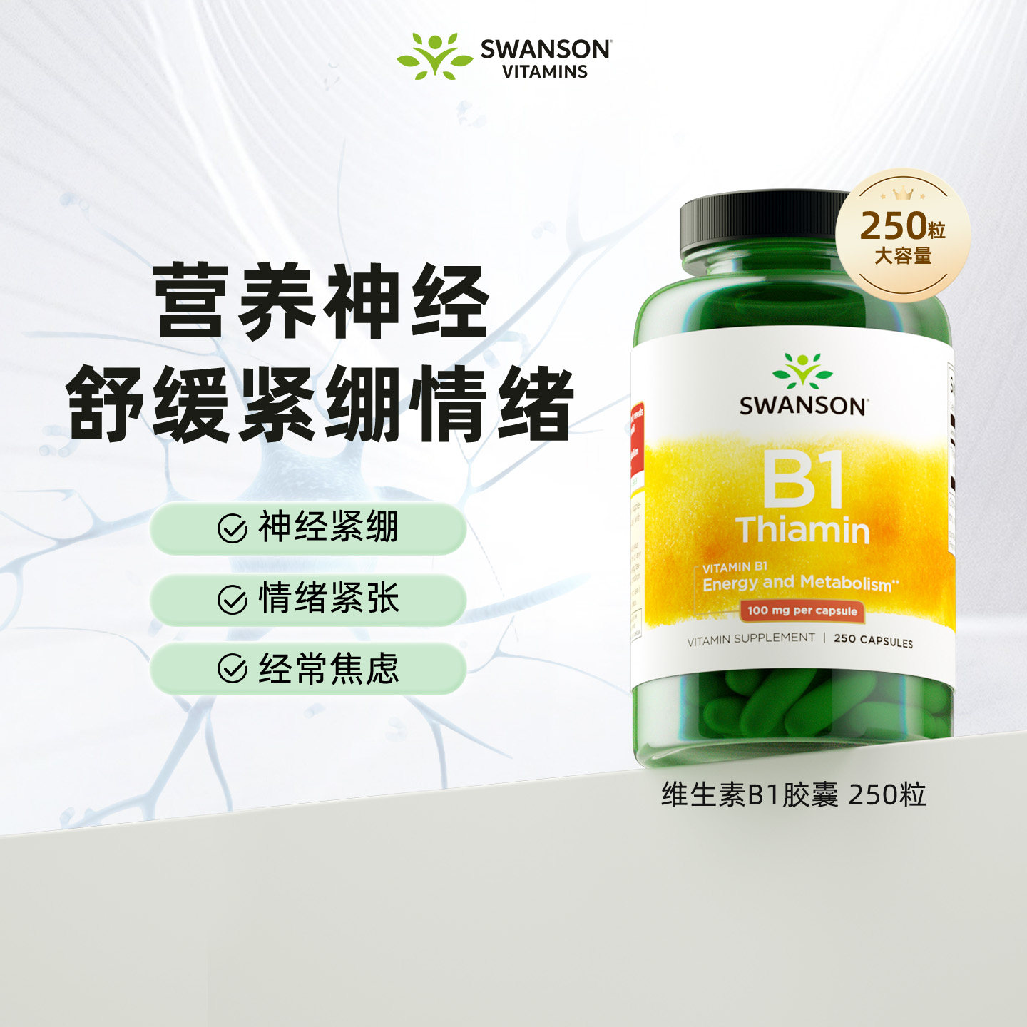 Swanson斯旺森维生素B1胶囊250粒 美国原装进口硫胺素100mg