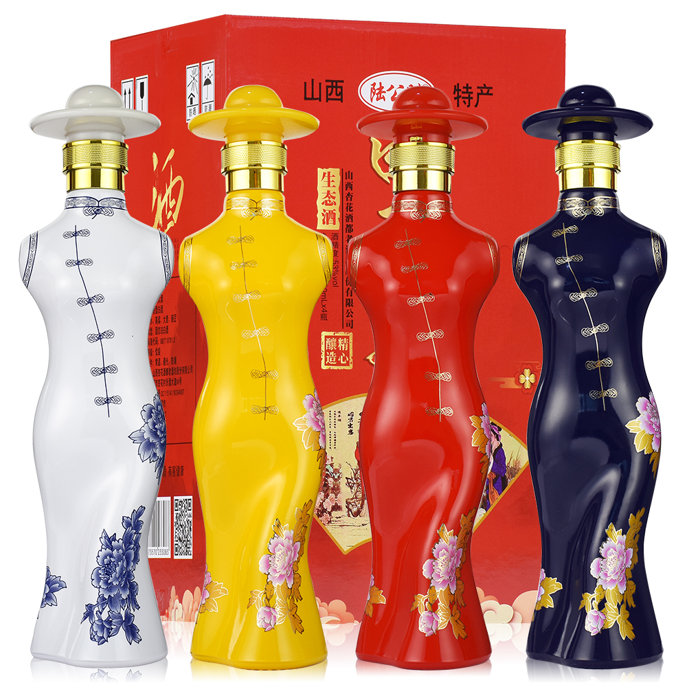 旗袍四大美女礼盒装整箱四瓶500ml杏花村53度高度纯粮食送礼白酒