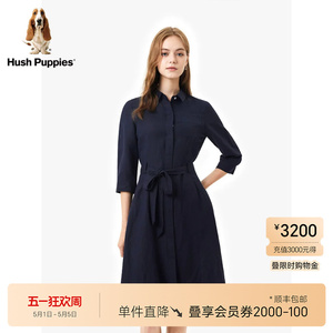 【亚麻混纺】暇步士女装春夏季柔软透气通勤休闲七分袖衬衫连衣裙
