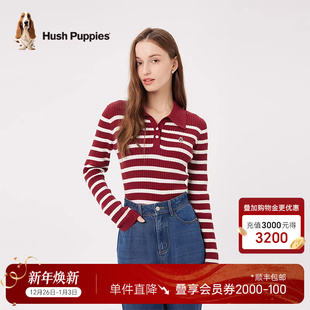 新年马上旺 修身 暇步士女装 秋季 线衣 通勤红色条纹POLO领针织衫