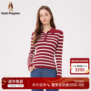 棉混纺 Polo领条纹修身 暇步士美式 秋季 上衣女 休闲风针织打底衫