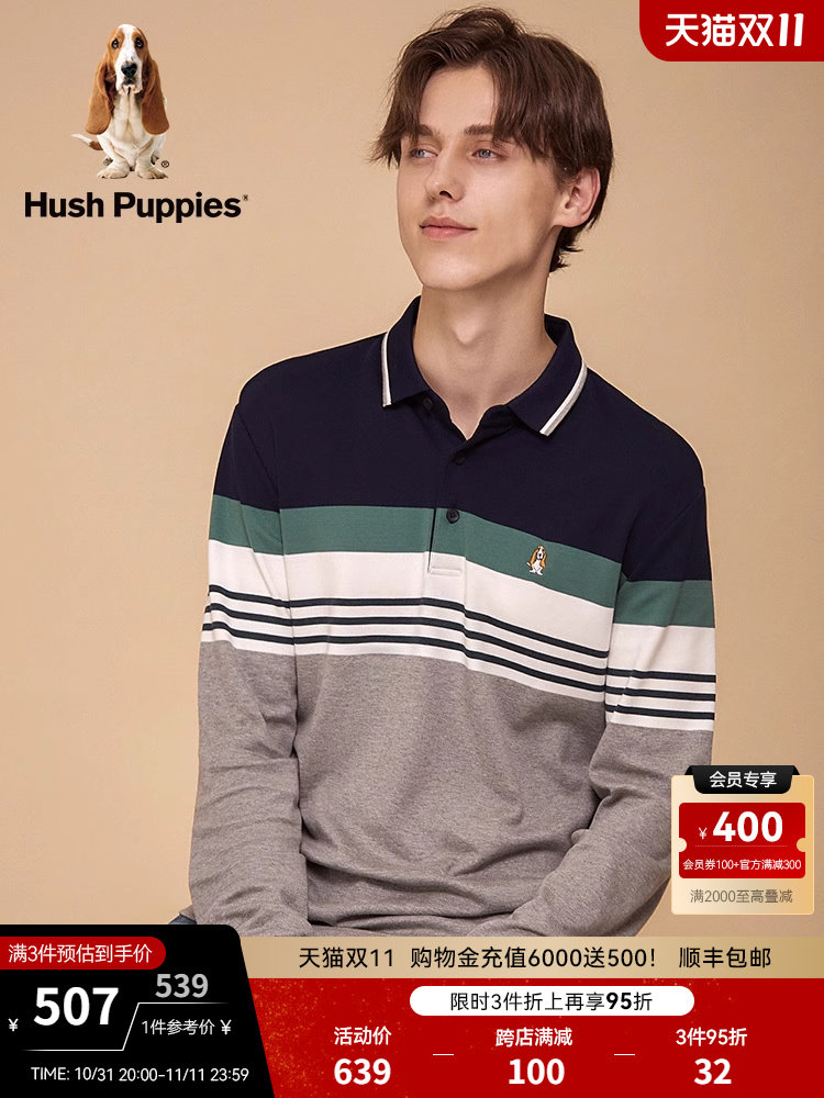 HUSH PUPPIES 남성 봄 가을 아메리칸 캐주얼 컬러 블로킹 긴팔 티셔츠 모달이있는 폴로 셔츠
