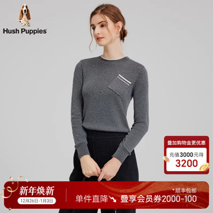 女秋季 暇步士气质针织打底衫 圆领贴布休闲线衣含羊毛 弹力保暖