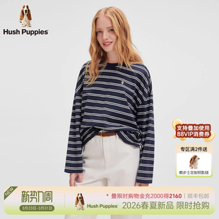 新款 2026春季 暇步士女装 全棉透气圆领落肩休闲T恤女 复古条纹