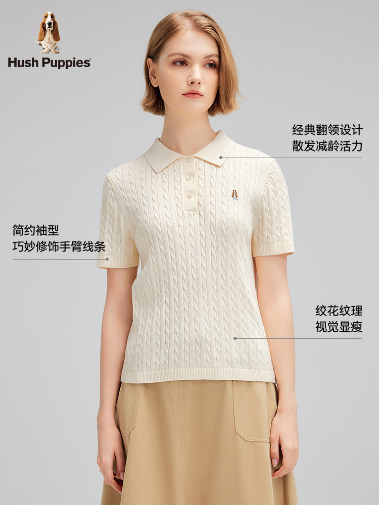 HUSH PUPPIES 여성 여름 순수 코튼 통기성 캐주얼 케이블 타이 폴로 칼라 여성용 반팔 스웨터