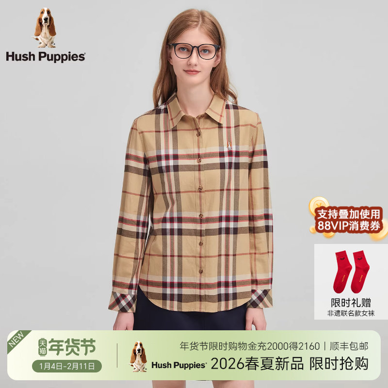 【全棉磨毛】暇步士2026春季新款复古格纹绒感柔软休闲长袖衬衫女