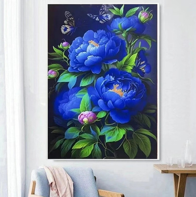 蓝色牡丹十字绣小幅卧室小件餐厅