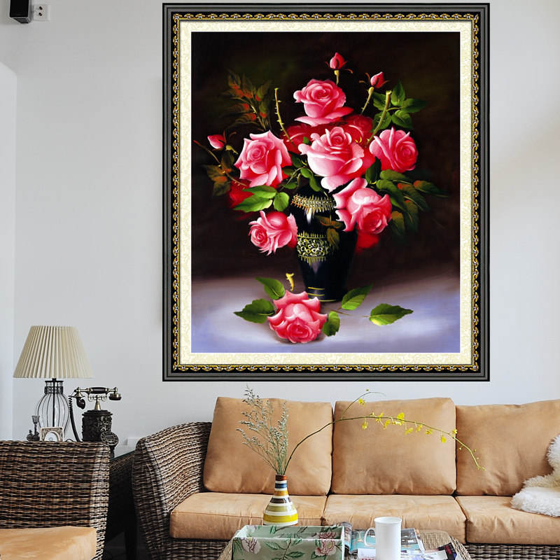 花瓶玫瑰十字绣2026新款线绣客厅小幅油画卧室自己绣手工小件餐厅