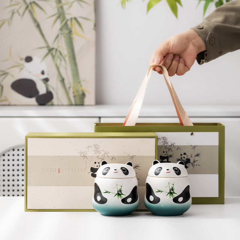 国风陶瓷熊猫茶叶罐防潮储存罐创意个性茶仓摆件枸杞西洋参空盒