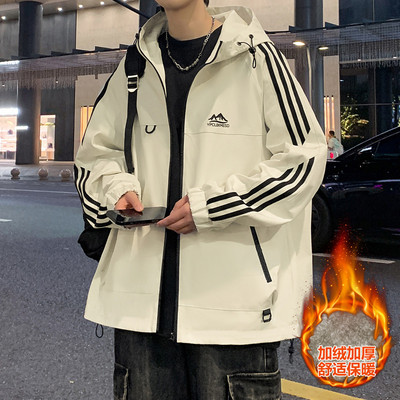 秋冬款加绒加厚外套男青少年棉衣潮流帅气大童初中学生冲锋衣夹克