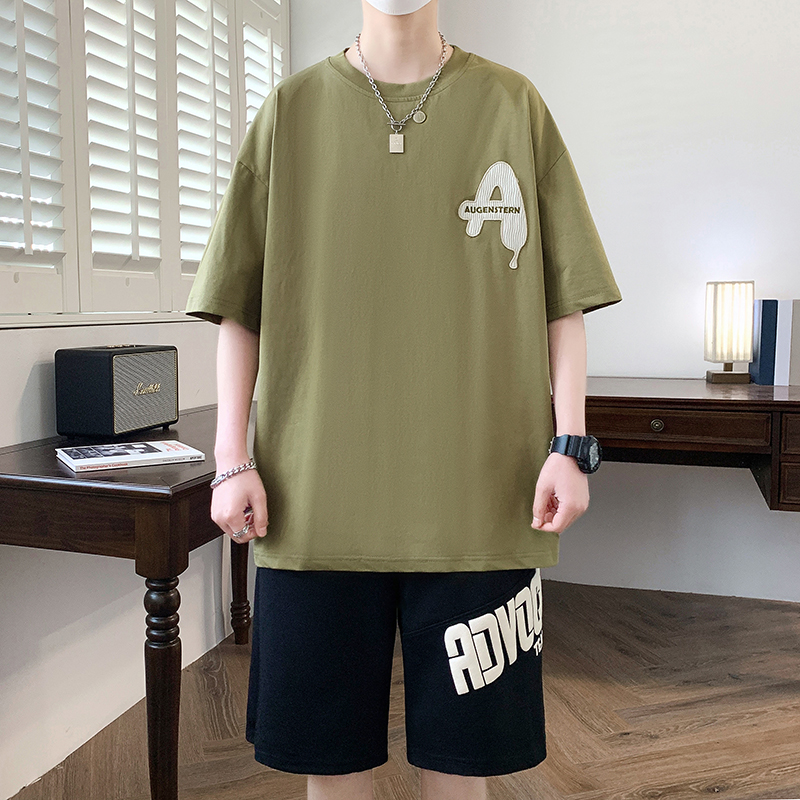 初中学生棉感短袖T恤男套装夏季帅气大童男装一套青少年男孩衣服