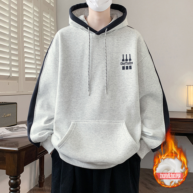 秋冬季连帽卫衣男孩13初中高中学生15岁加绒加厚潮流大童帅气男装