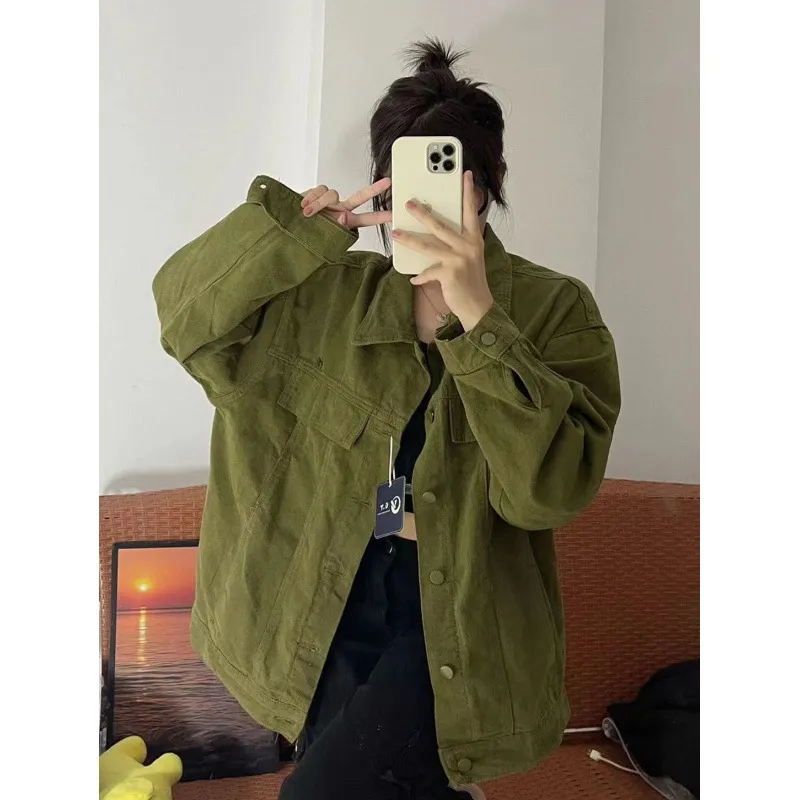 牛仔外套女韩版宽松显瘦百搭时尚2023年春秋新款美式绿色牛仔上衣