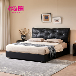 现代简约真皮床2米x2米2黑色储物皮床中古风真皮软包黑皮床WXC