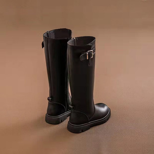 女童长靴真皮2025秋冬新款骑士靴加绒高筒儿童冬季软底单靴中大童