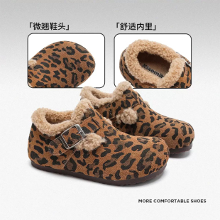 女童勃肯鞋真皮平底新款外穿宝宝保暖豆豆鞋冬季中大童防滑加棉鞋