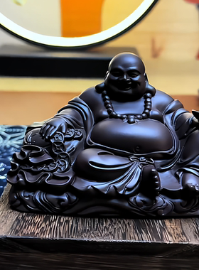 弥勒佛摆件高档木质佛像工艺品黑檀木雕汽车摆件商务礼品茶宠招财