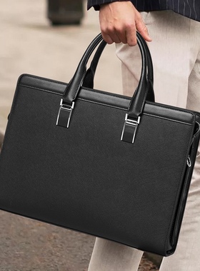 头层牛皮公文包2026新款小众设计商务大容量十字纹牛皮手提电脑包