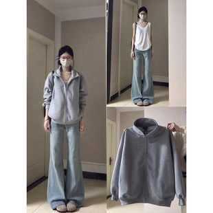 灰色卫衣外套女款春显瘦正肩夹克棒球服2026新款春季韩系穿搭早春