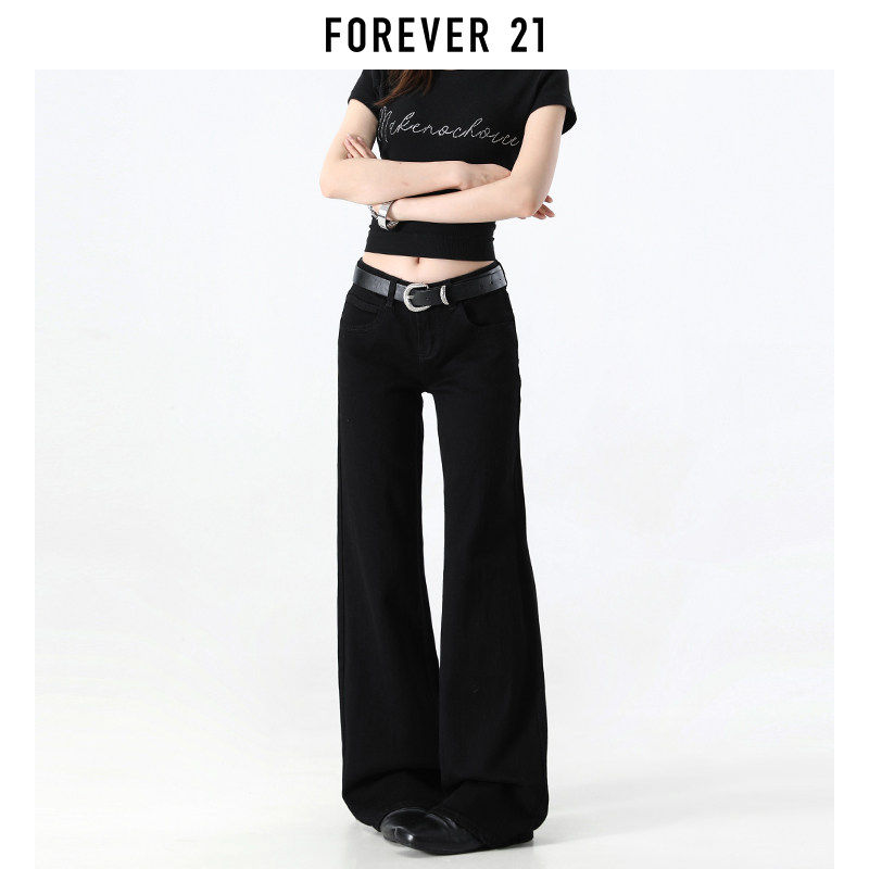 Forever 21美式辣妹黑色低腰微喇牛仔裤女春季新款显瘦遮肉喇叭裤