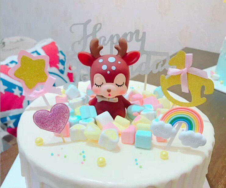 萌宠小鹿梅花鹿生日蛋糕情景摆件节日装扮用品