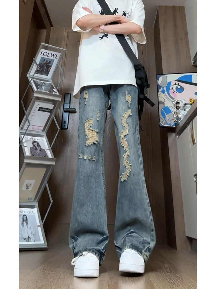 美式复古水洗破洞牛仔裤男女夏季薄款痞帅宽松微喇叭裤G3922-P55，男装牛仔裤，星座814-1（原电商B253-1）