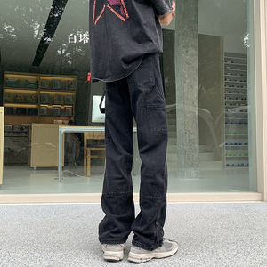 25高街复古裤脚拉链牛仔裤男伐木工设计款水洗直筒长裤G98929-P65图片