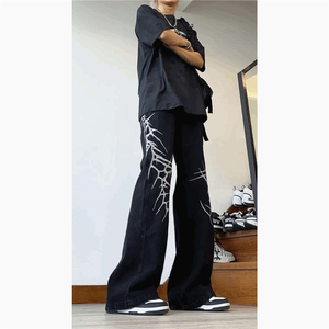 美式复古刺绣重工黑色牛仔裤男宽松垂感微喇阔腿裤G5099-P55