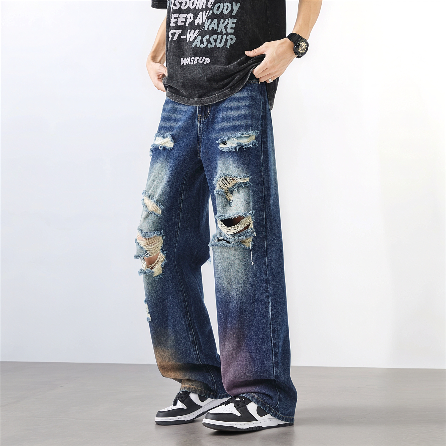 美式高街复古破洞乞丐裤男春夏痞帅水洗宽松直筒牛仔裤G9120-P65，男装牛仔裤，星座814-1（原电商B253-1）
