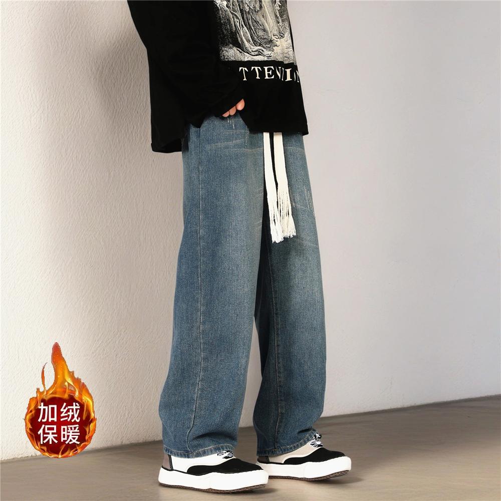 冬季vibe加绒加厚复古牛仔裤男女直筒裤宽松阔腿裤G99501-P50图片