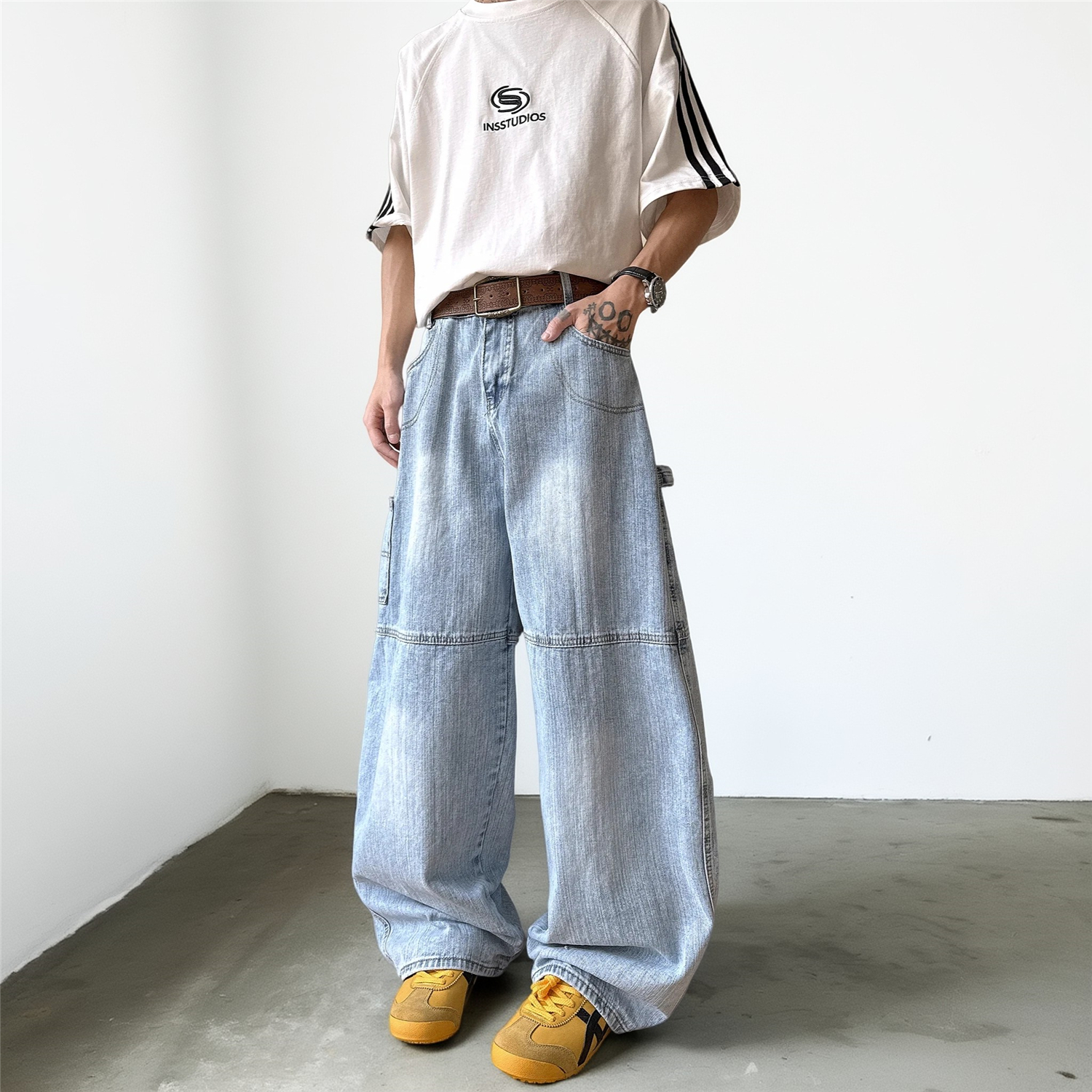 美式印花弯刀裤男女2025夏季高街痞帅阔腿牛仔裤G5668-P75，男装牛仔裤，星座814-1（原电商B253-1）