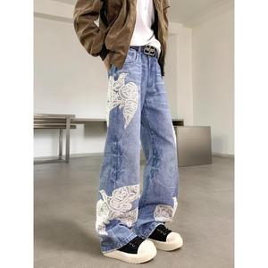 美式街頭重工格子繡花蕾絲拼接牛仔褲男女寬松直筒褲G5614-P75圖片