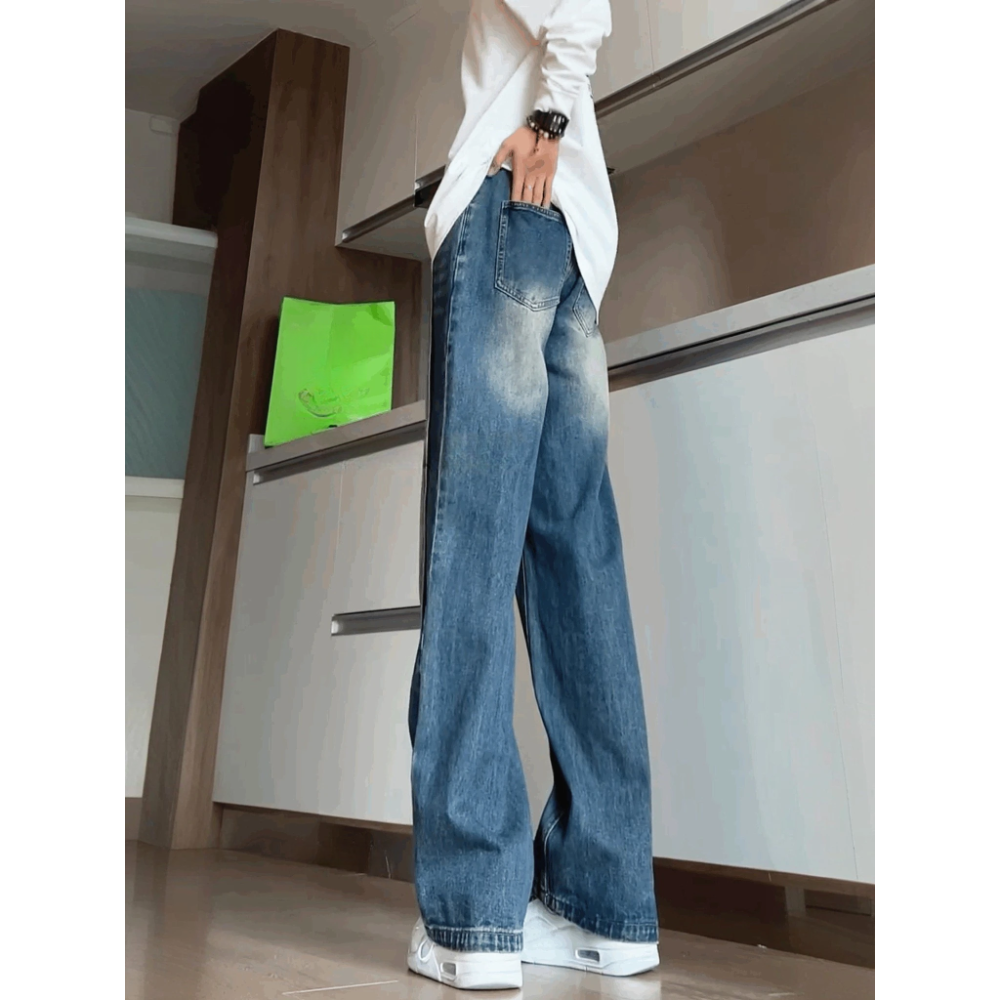 美式复古微喇牛仔裤男春秋痞帅高街拼接显瘦直筒裤G2855-P58,男装牛仔裤,星座814-1（原电商B253-1）