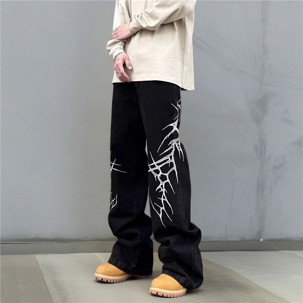 美式复古刺绣重工黑色牛仔裤男女宽松垂感微喇阔腿裤G5099-P55,男装牛仔裤,星座814-1（原电商B253-1）